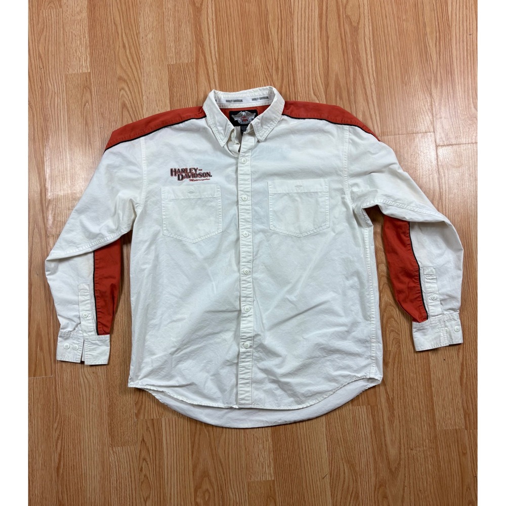 Harley-Davidson Mens White Orange Racing Stripe Embroidered Button Up Shirt L